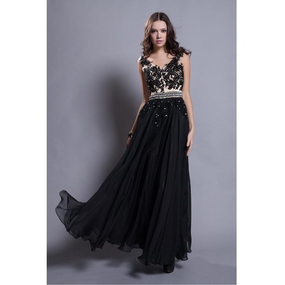 NEW Women's Formal V-neck Rhinestones beaded Long Evening Gown prom dress - Picture 3 of 8